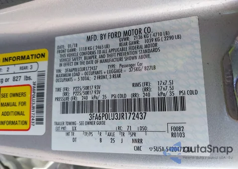 2018 Ford Fusion Hybrid Se z USA, uszkodzony, nr VIN 3FA6P0LU3JR172437